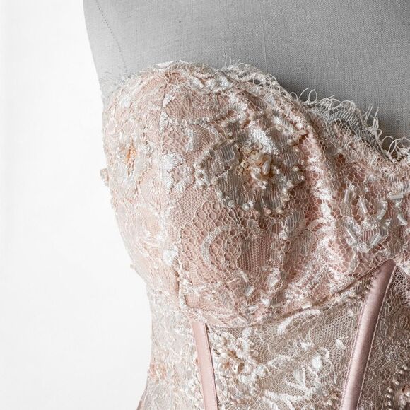 Vintage Silk Blend Pink Strapless Floral Beaded Lace Maxi Prom Dress Size M - Picture 8 of 8